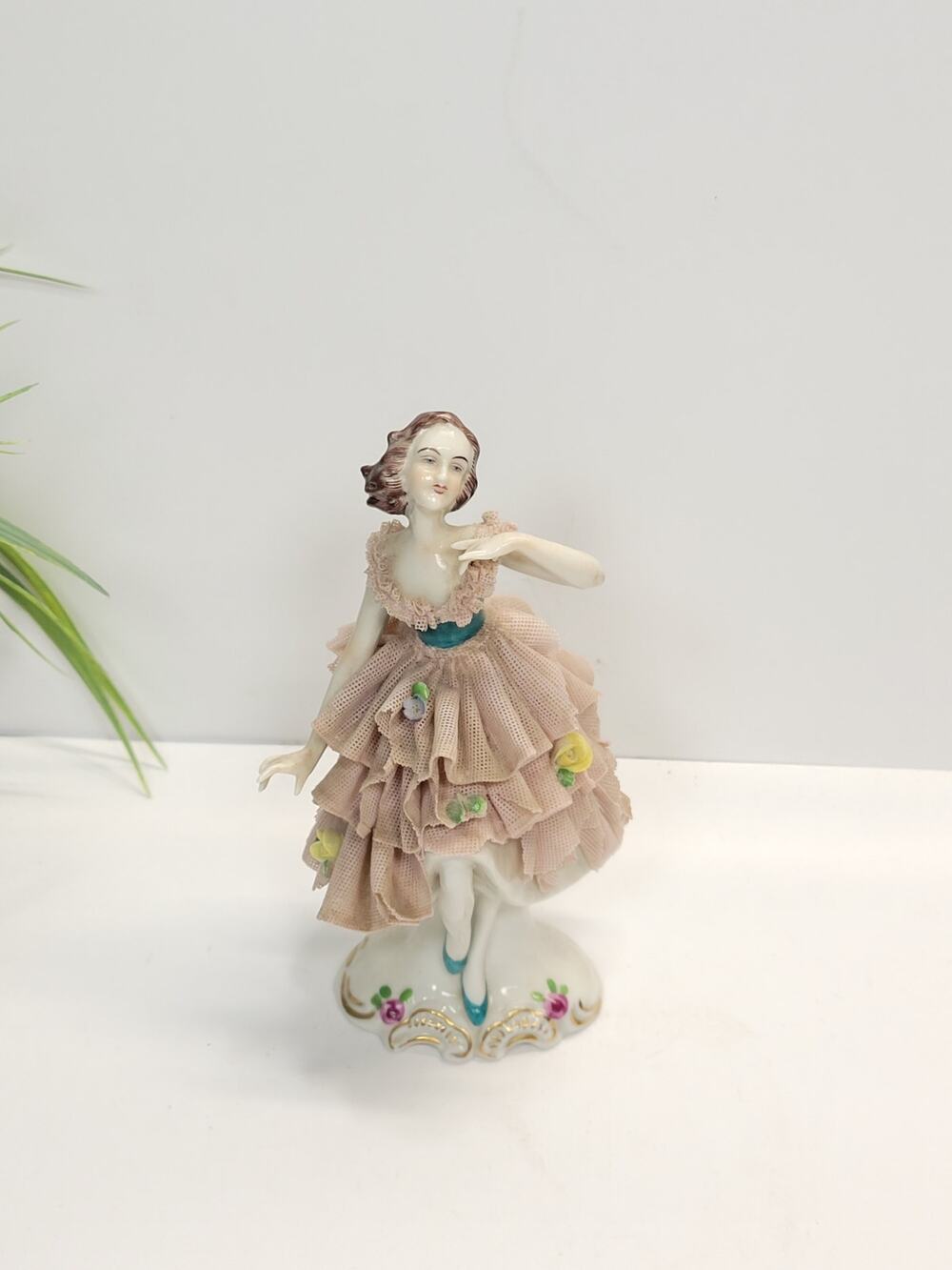 Vintage Dresden Style Porcelain Lace Ballerina Figurine Blue Crown N Mark
